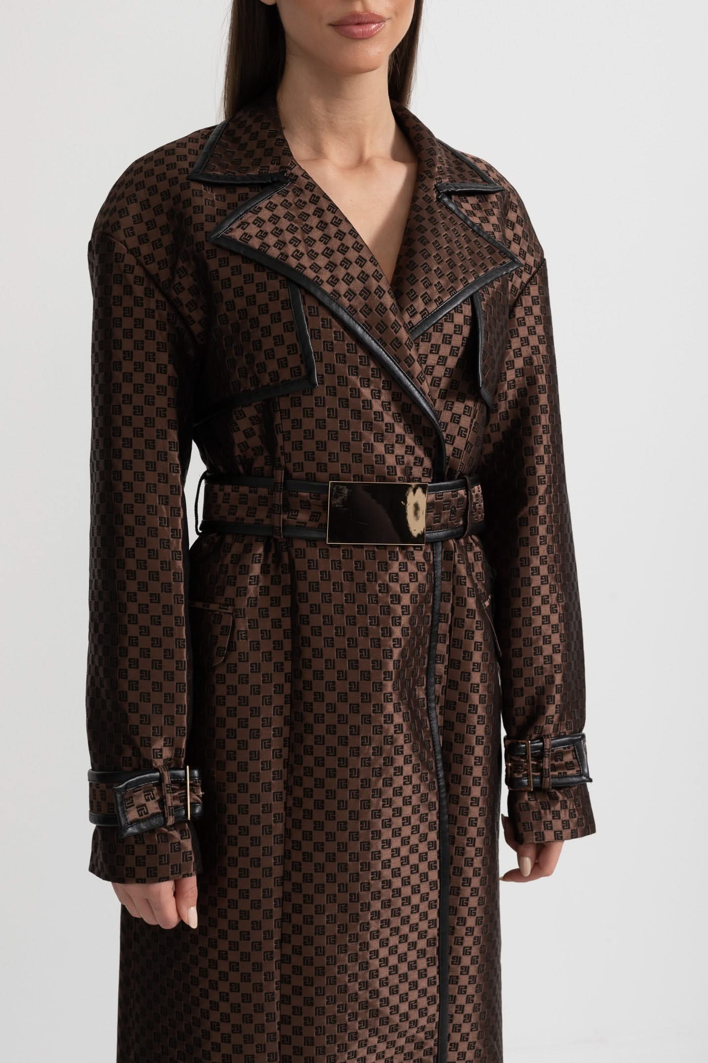 Leona Monogram Trench Coat – Espresso Jacquard
