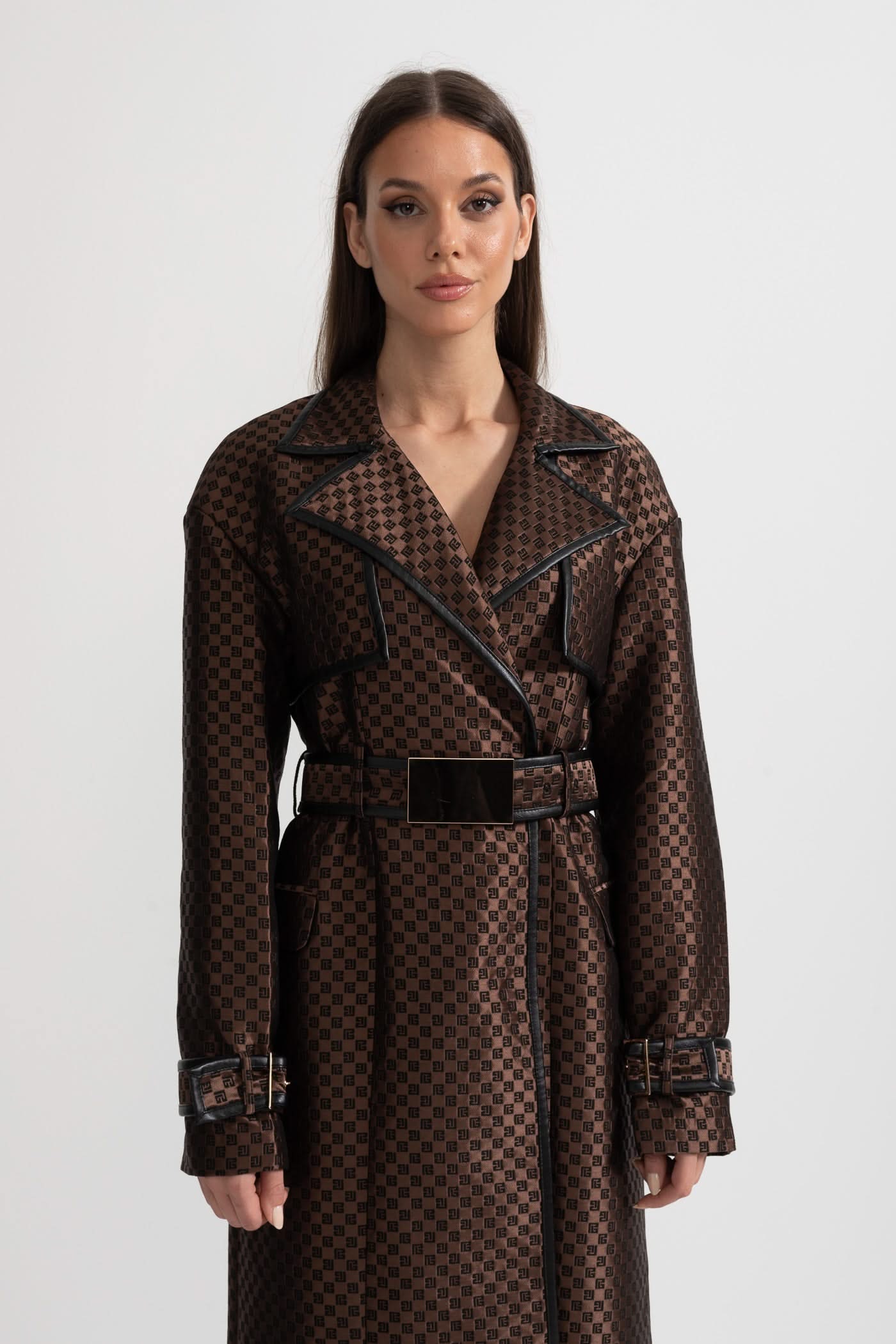 Leona Monogram Trench Coat – Espresso Jacquard