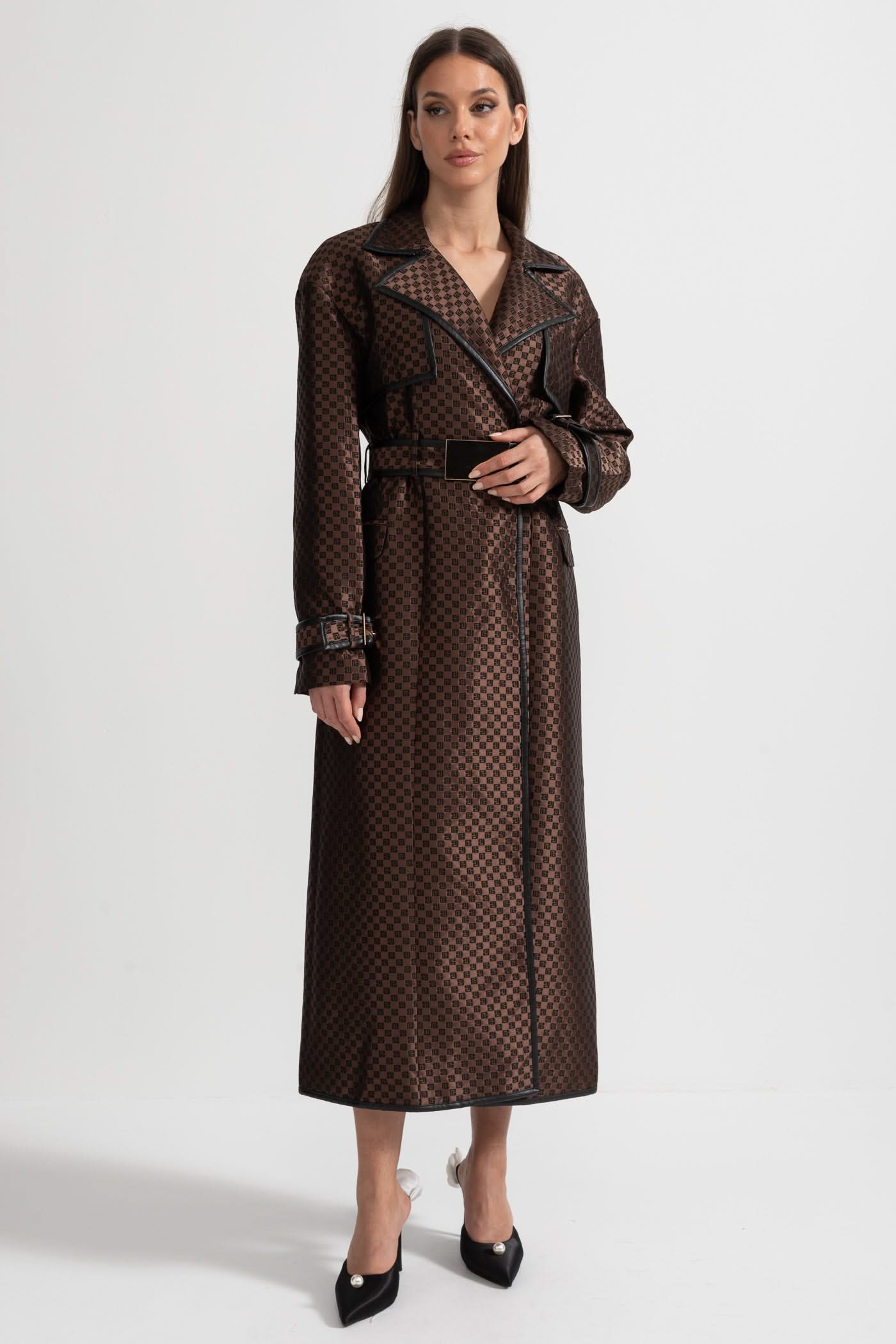 Leona Monogram Trench Coat – Espresso Jacquard