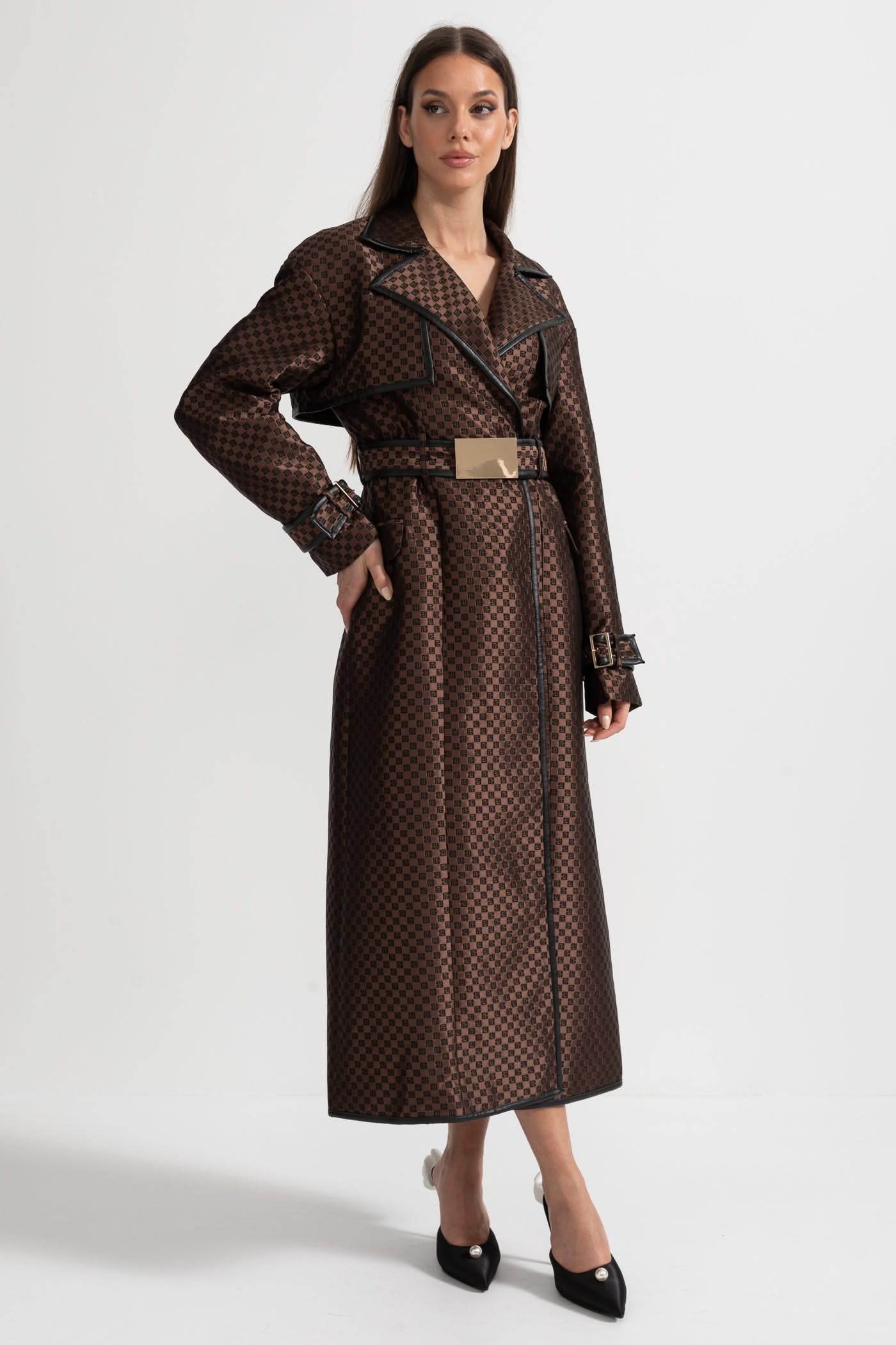 Leona Monogram Trench Coat – Espresso Jacquard