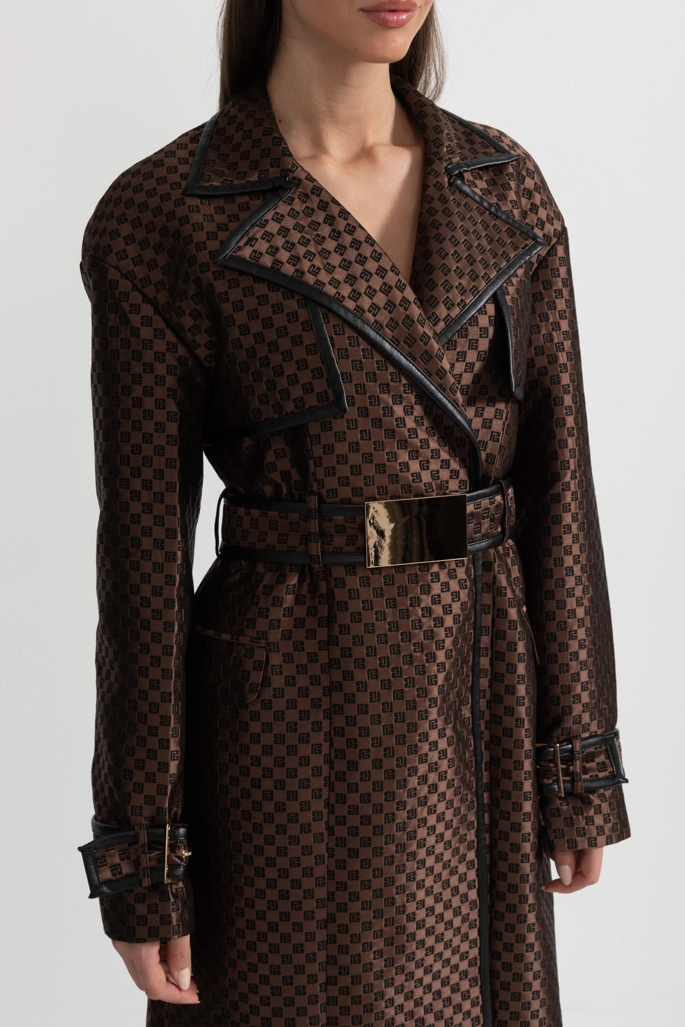 Leona Monogram Trench Coat – Espresso Jacquard