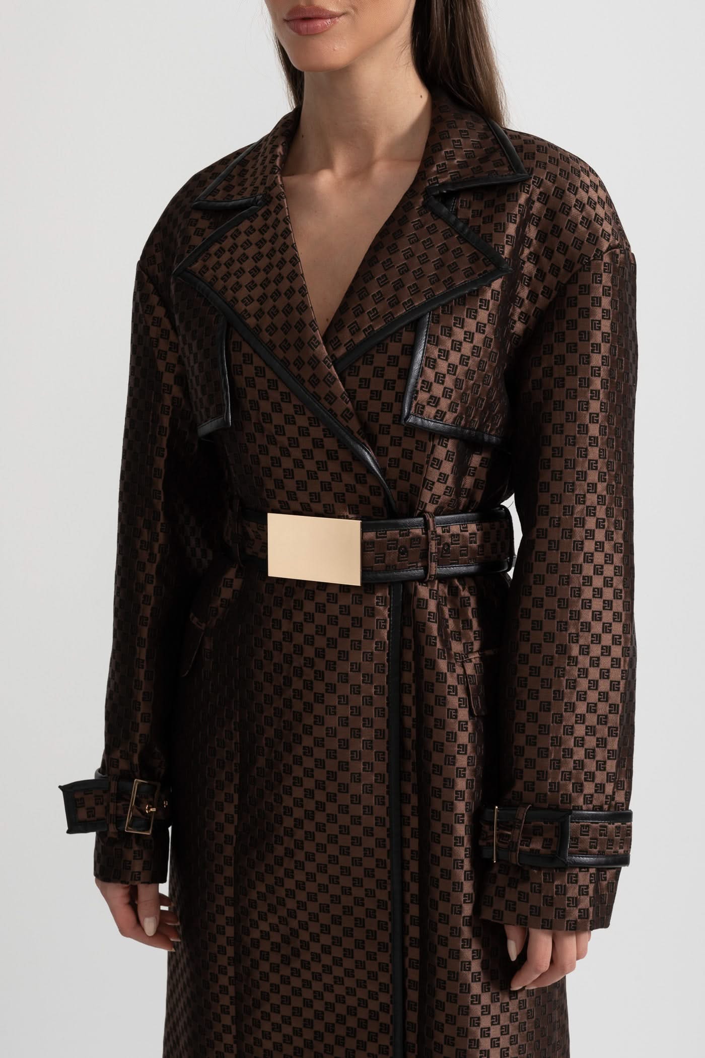 Leona Monogram Trench Coat – Espresso Jacquard