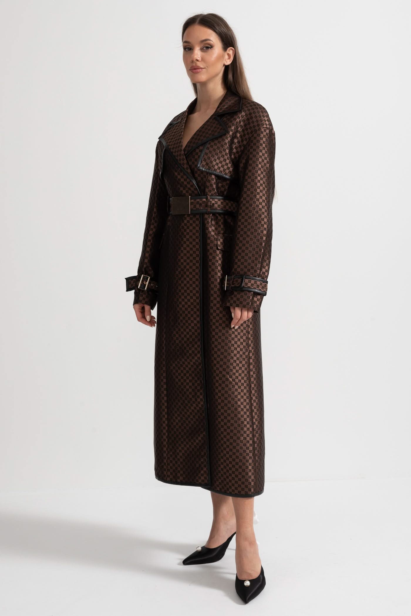 Leona Monogram Trench Coat – Espresso Jacquard