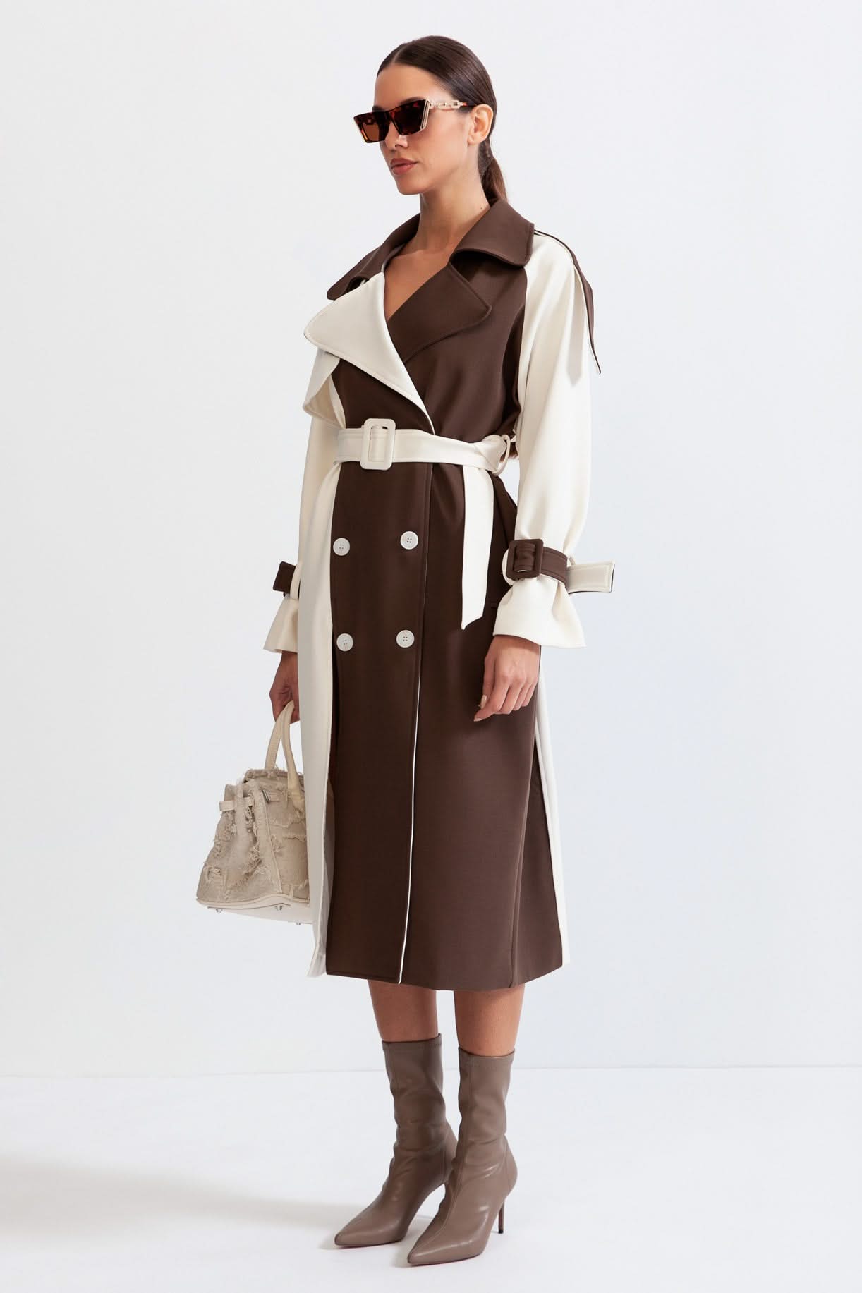 Averie Dual-Tone Trench Coat – Mocha & Ivory