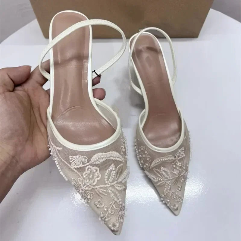 Sefora Mesh Pearl Heel - Ivory Lace