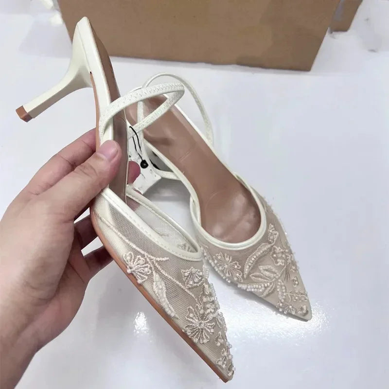 Sefora Mesh Pearl Heel - Ivory Lace