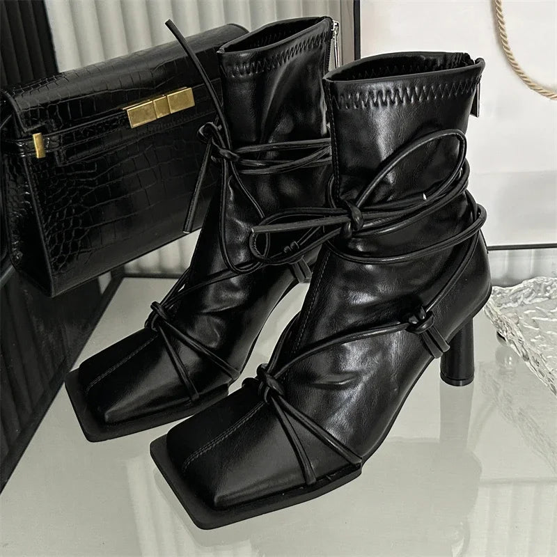 Eilyken Spring Autumn Design Cross- Strap Women Ankle Boots Punk Style Square Toe High Heels Zipper Booties Shoes