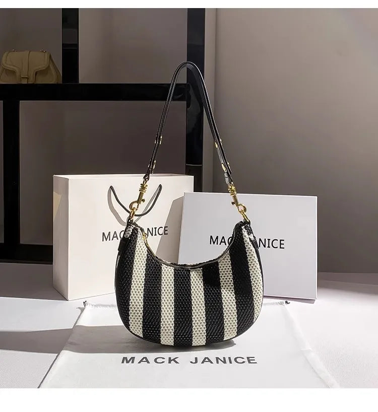 Cleo Stripe Woven Crescent Bag - Noir White