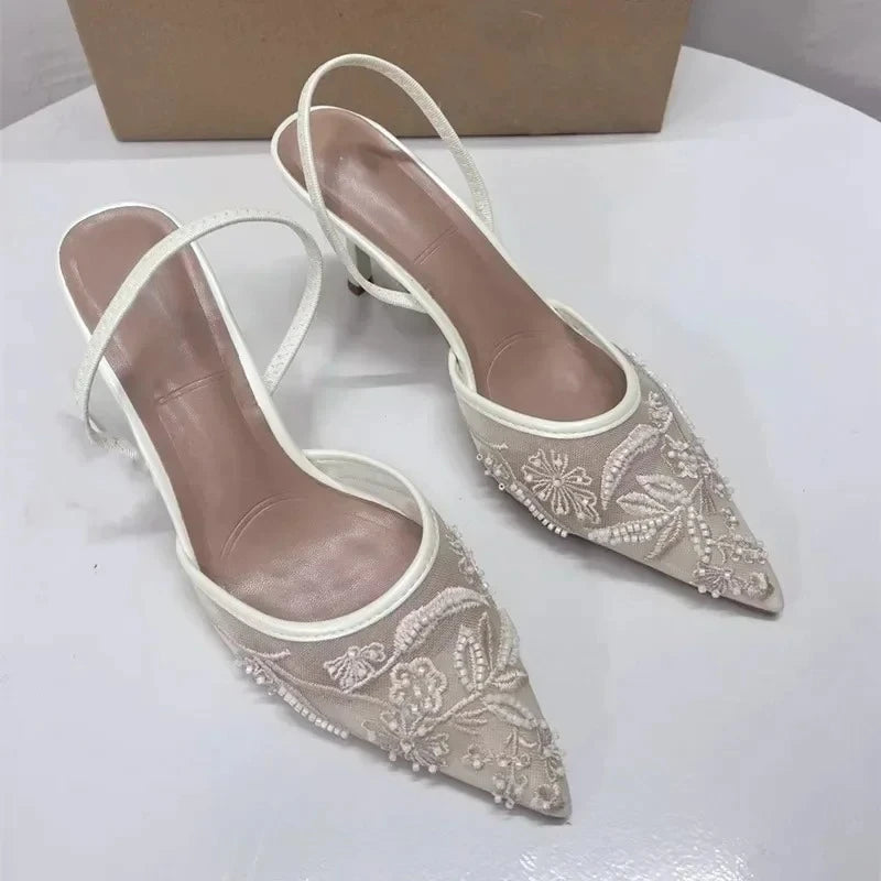 Sefora Mesh Pearl Heel - Ivory Lace