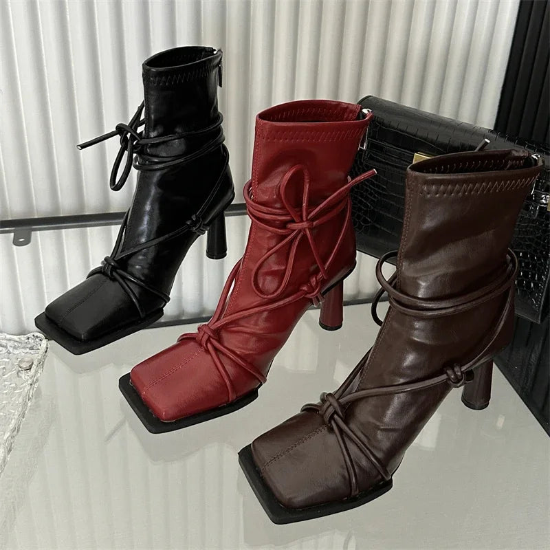 Eilyken Spring Autumn Design Cross- Strap Women Ankle Boots Punk Style Square Toe High Heels Zipper Booties Shoes