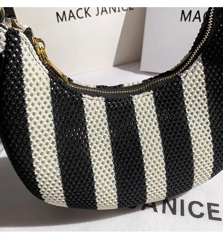 Cleo Stripe Woven Crescent Bag - Noir White