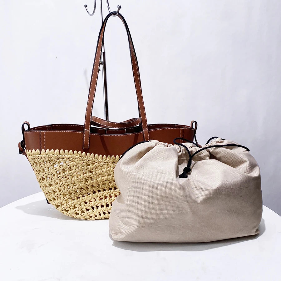 Soléa Woven Basket Tote - Honey Rattan & Chestnut Leather