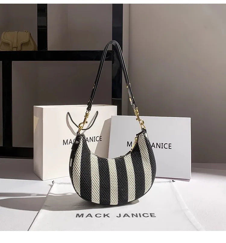 Cleo Stripe Woven Crescent Bag - Noir White