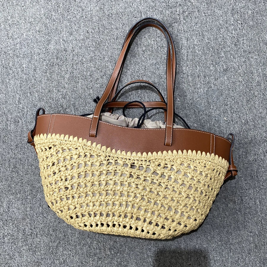 Soléa Woven Basket Tote - Honey Rattan & Chestnut Leather