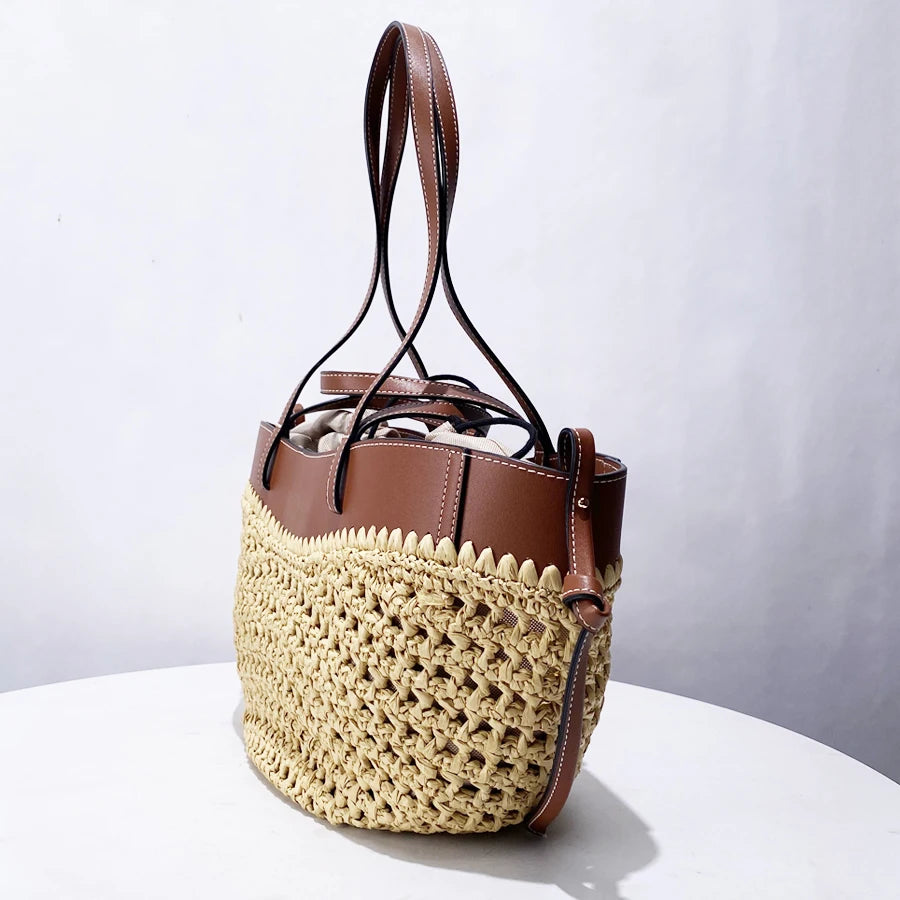 Soléa Woven Basket Tote - Honey Rattan & Chestnut Leather