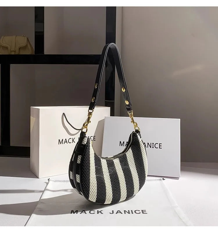 Cleo Stripe Woven Crescent Bag - Noir White