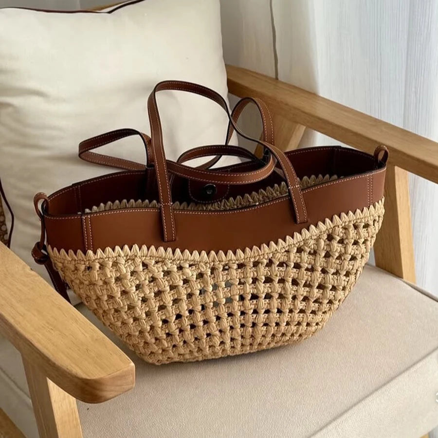 Soléa Woven Basket Tote - Honey Rattan & Chestnut Leather