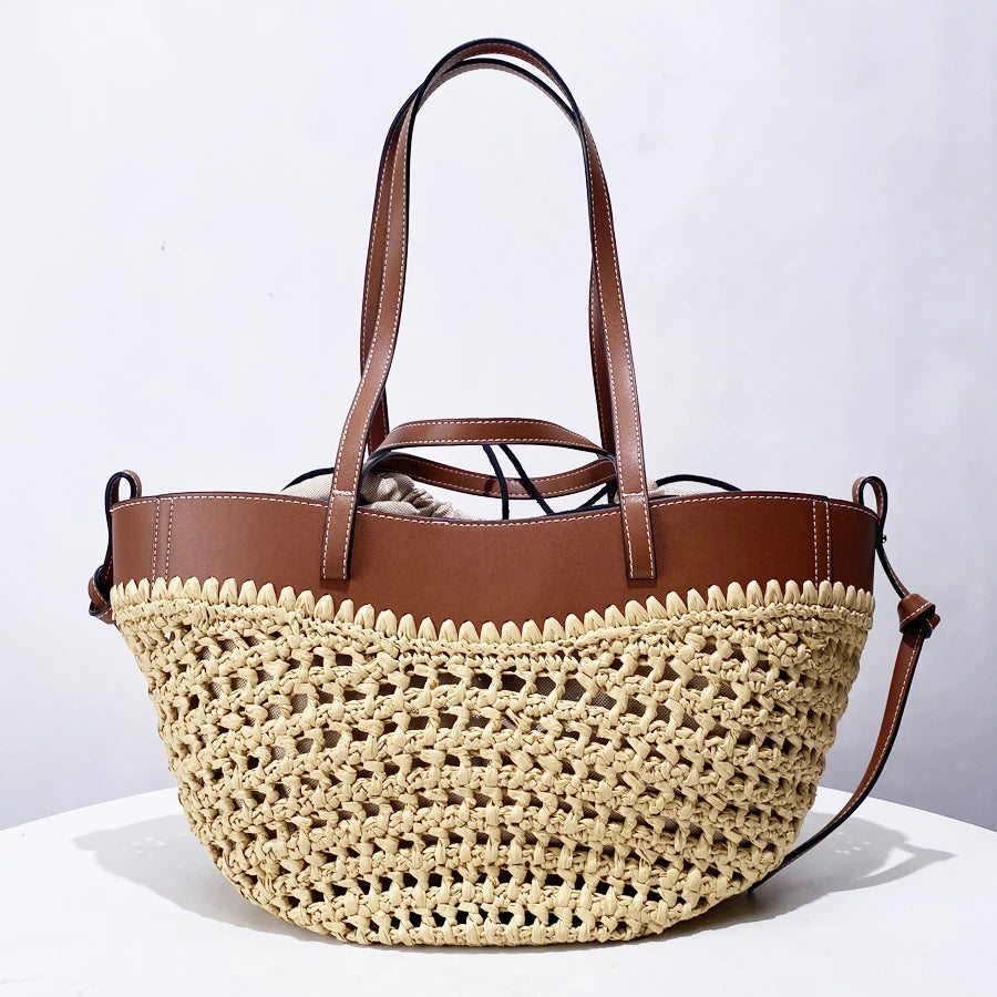 Soléa Woven Basket Tote - Honey Rattan & Chestnut Leather