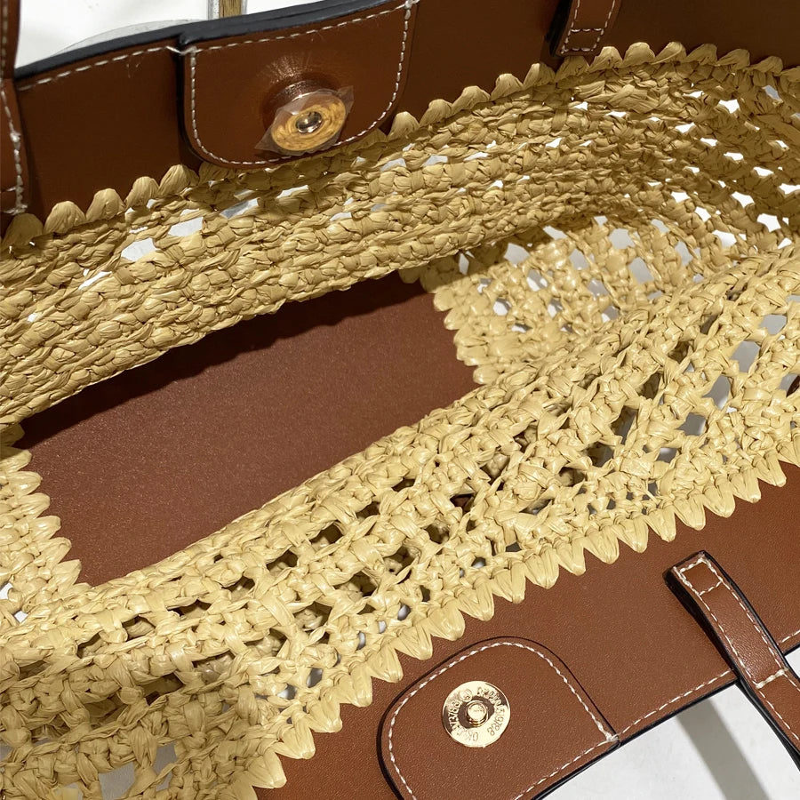 Soléa Woven Basket Tote - Honey Rattan & Chestnut Leather