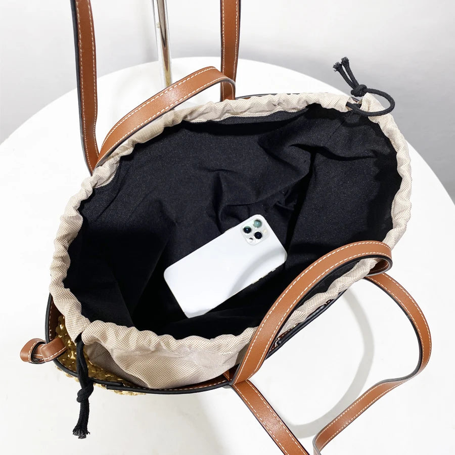 Soléa Woven Basket Tote - Honey Rattan & Chestnut Leather