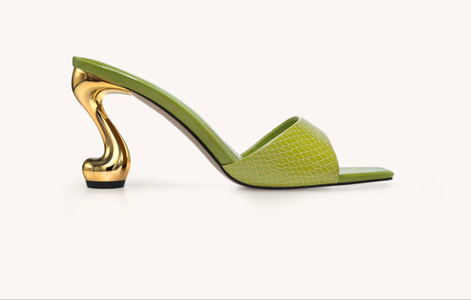 Hannah Snakeskin Heel Mules - Green