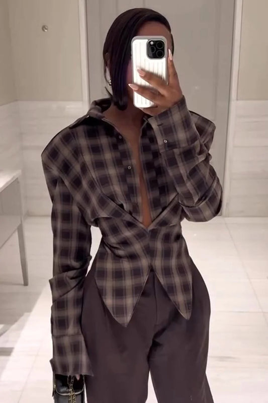 IIMANI Snatched Wrap Shirt - Chequered Espresso