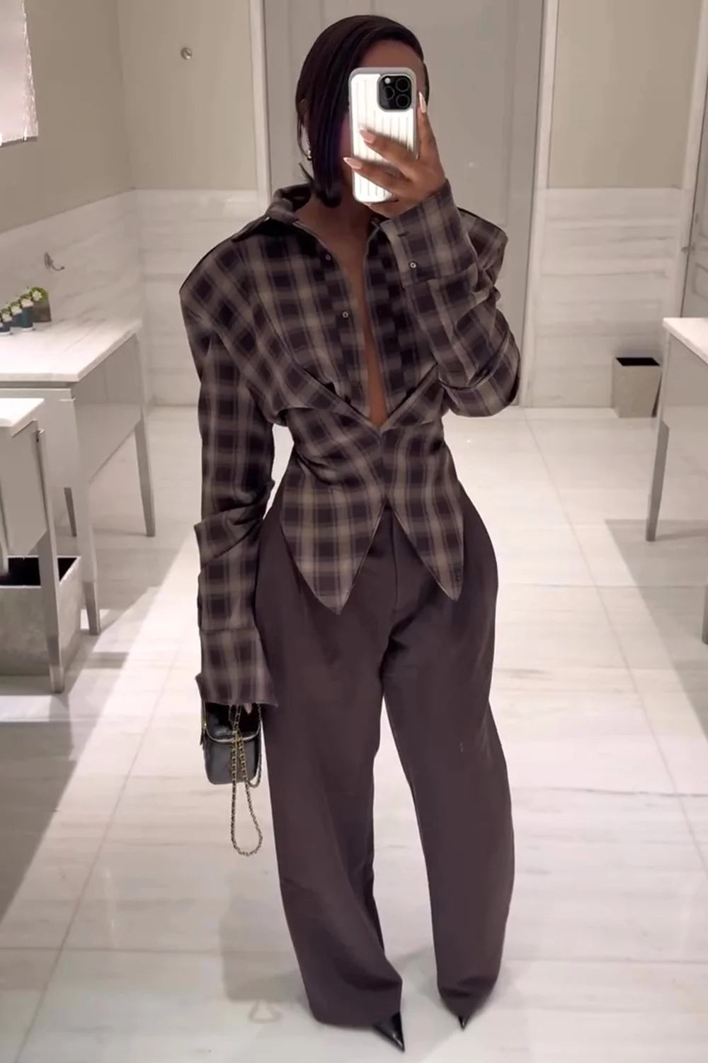 IIMANI Snatched Wrap Shirt - Chequered Espresso
