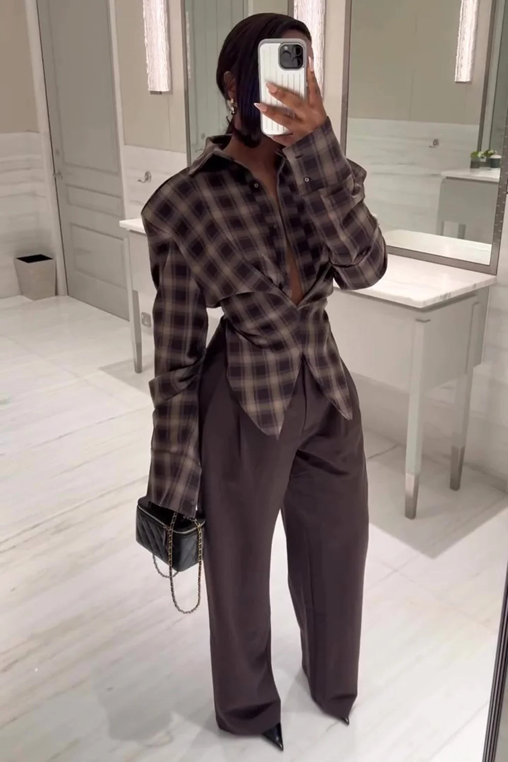 IIMANI Snatched Wrap Shirt - Chequered Espresso