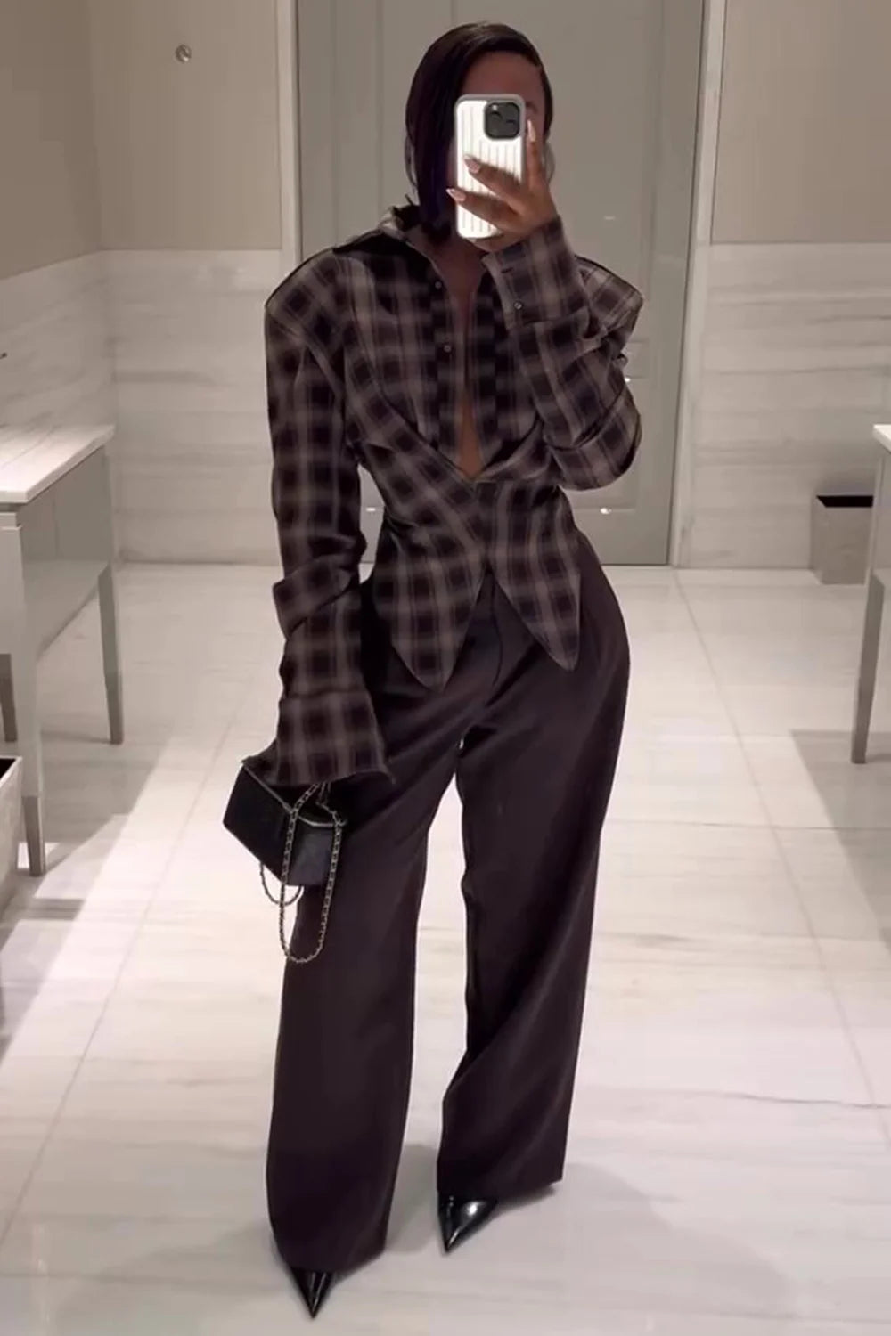 IIMANI Snatched Wrap Shirt - Chequered Espresso