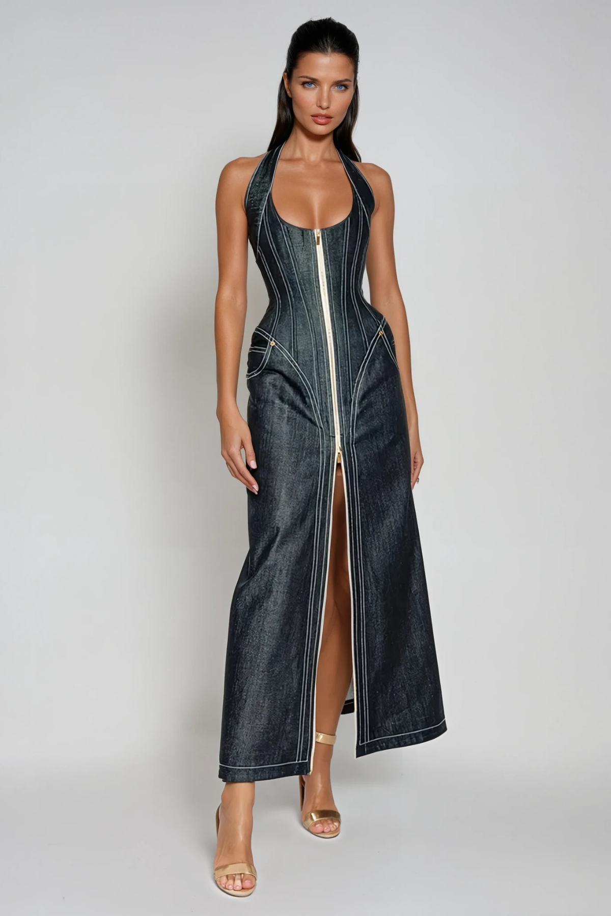 Cirillo Halter Neck Corset Denim Maxi Dress