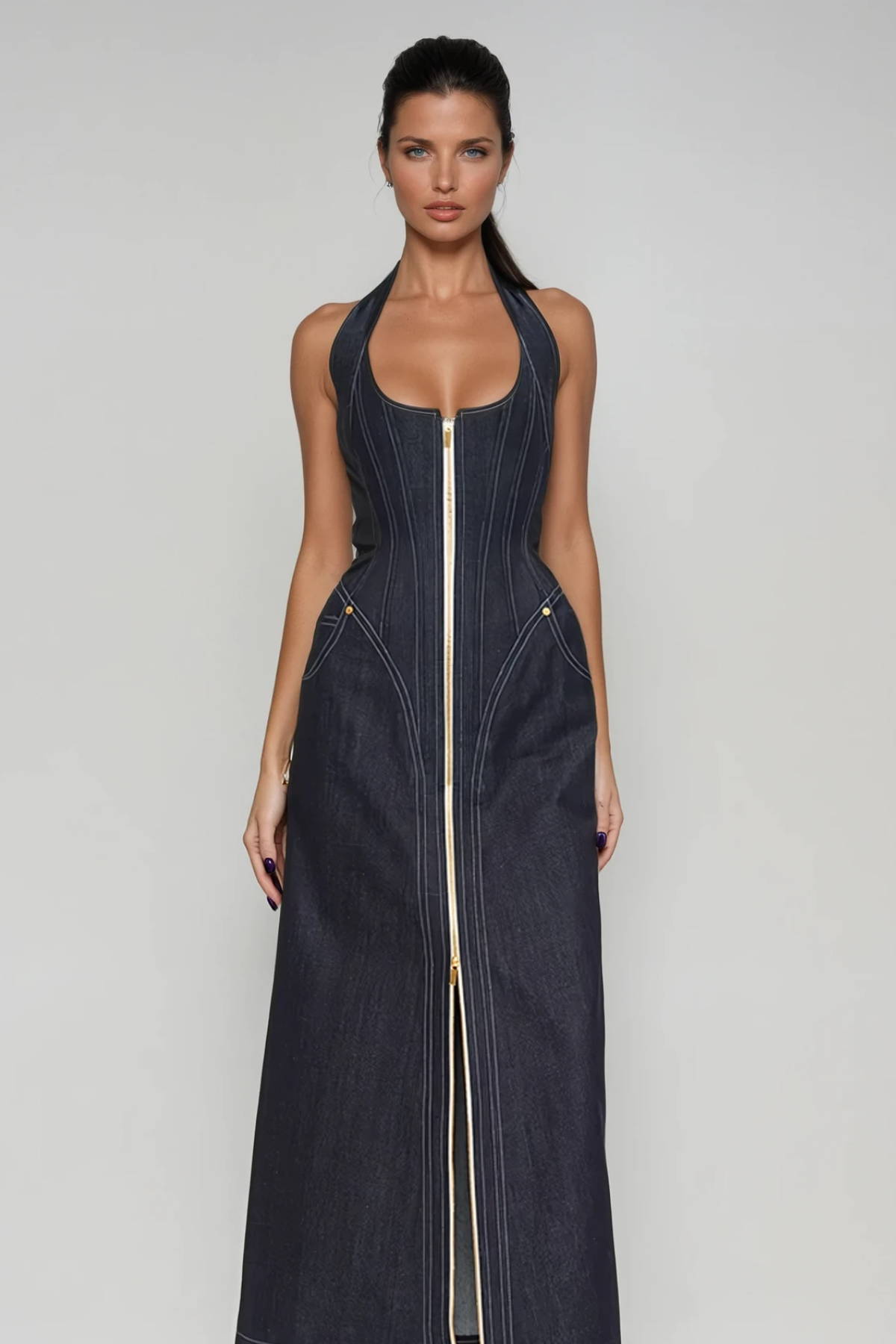 Cirillo Halter Neck Corset Denim Maxi Dress