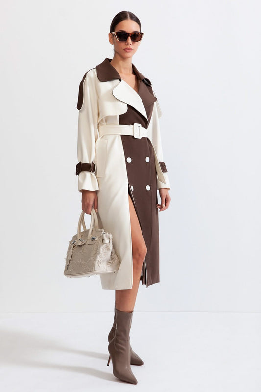Averie Dual-Tone Trench Coat – Mocha & Ivory