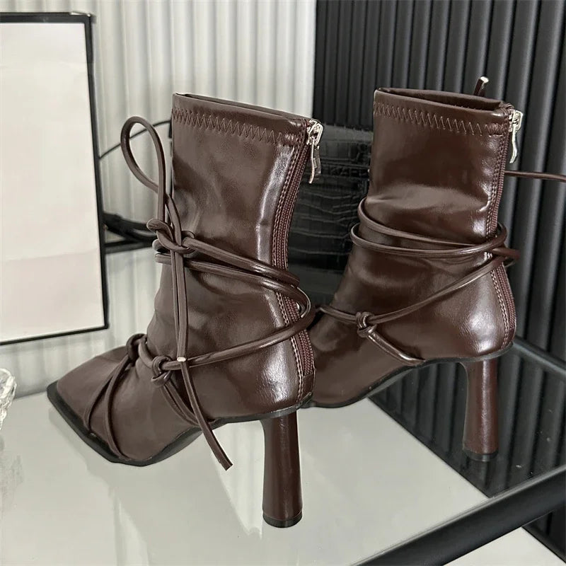 Eilyken Spring Autumn Design Cross- Strap Women Ankle Boots Punk Style Square Toe High Heels Zipper Booties Shoes