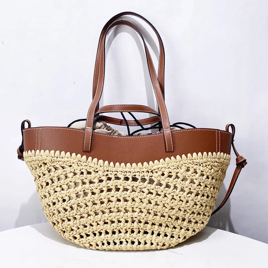 Soléa Woven Basket Tote - Honey Rattan & Chestnut Leather