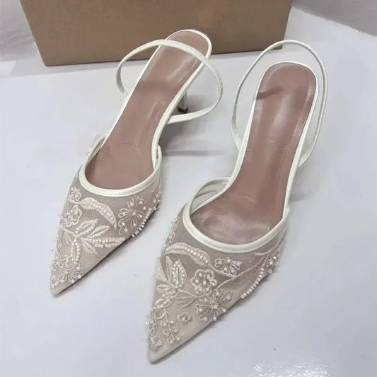 Sefora Mesh Pearl Heel - Ivory Lace