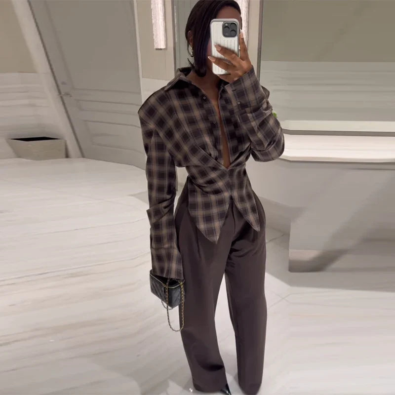 IIMANI Snatched Wrap Shirt - Chequered Espresso