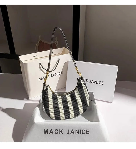 Cleo Stripe Woven Crescent Bag - Noir White